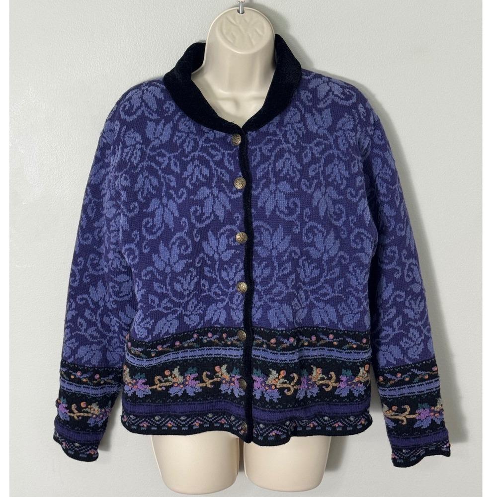 Icelandic Design Vintage Floral Knit Cardigan Sweather Purple Sz M Button Up